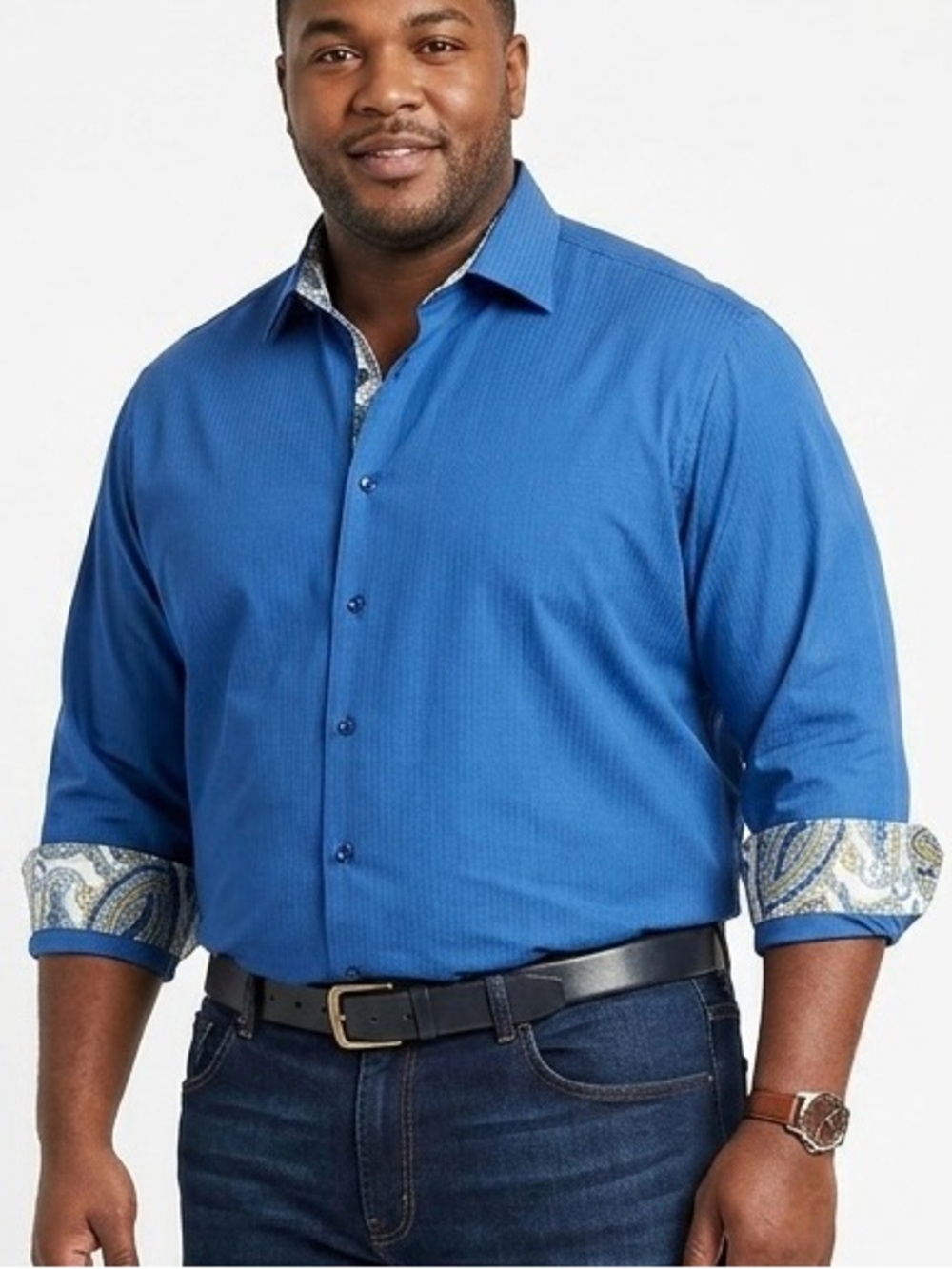 Bertigo Mens Blue Textured  Shirt 18.5x38 Paisley Contrast Collar Cuffs 1710